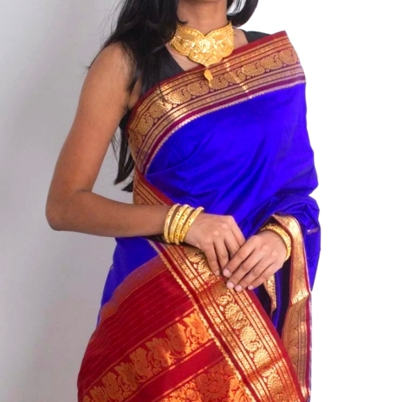 SILKY Indigo Blue and Wedding Red Saree - Picture 1 of 11